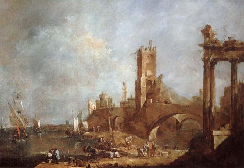 Francesco Guardi Hamnstad with classical ruins Italy Spain oil painting art